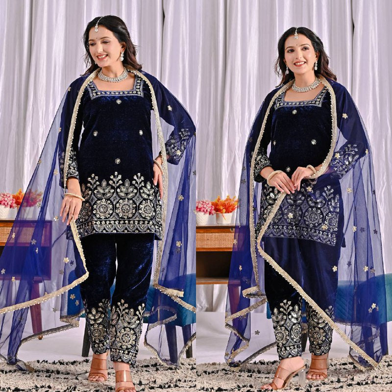 Premium Velvet Suit Adorned with Embroidery