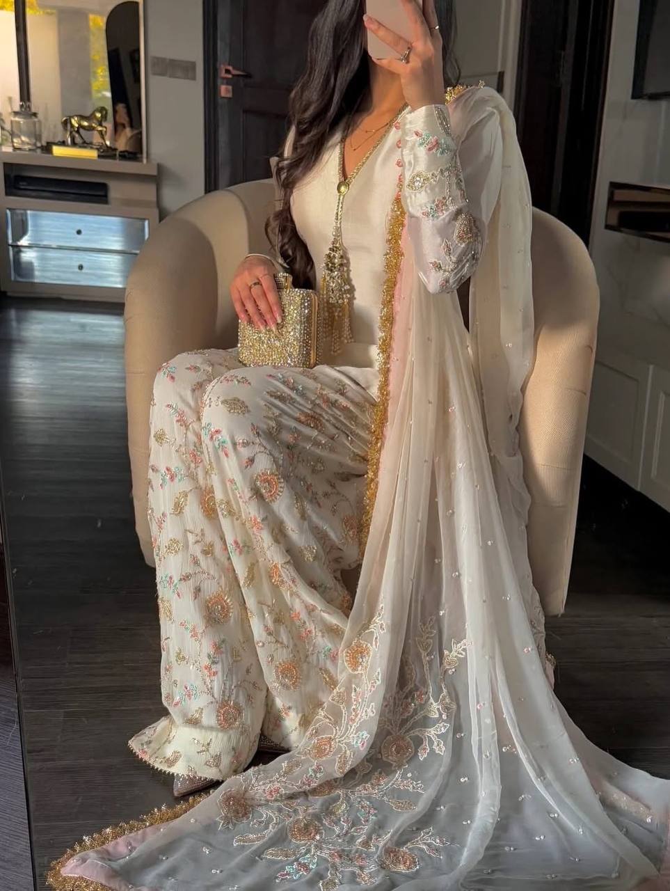 Luxury Pearl White Designer Suit Featuring Intricate Golden Embroidery Details
