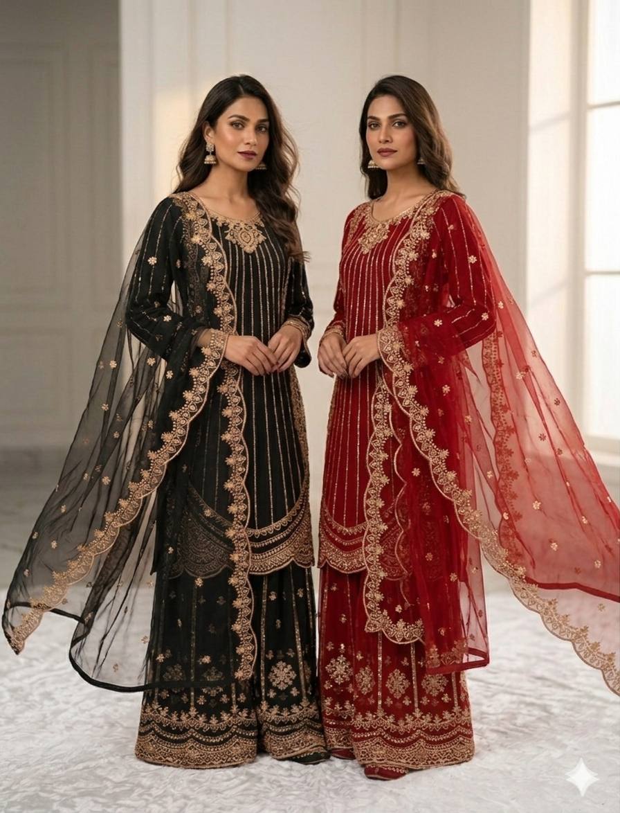 Graceful Georgette Outfit Adorned with Embroidery