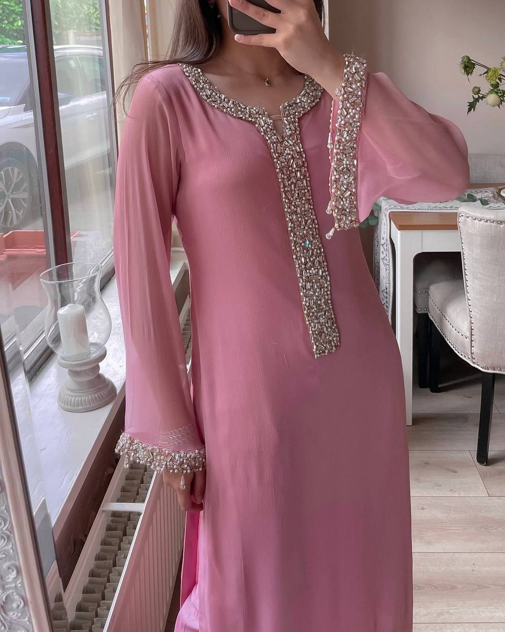 FANCY FAUX GEORGETTE REAL MOTI HAND WORK TOP AND PENT WITH DUPATTA
