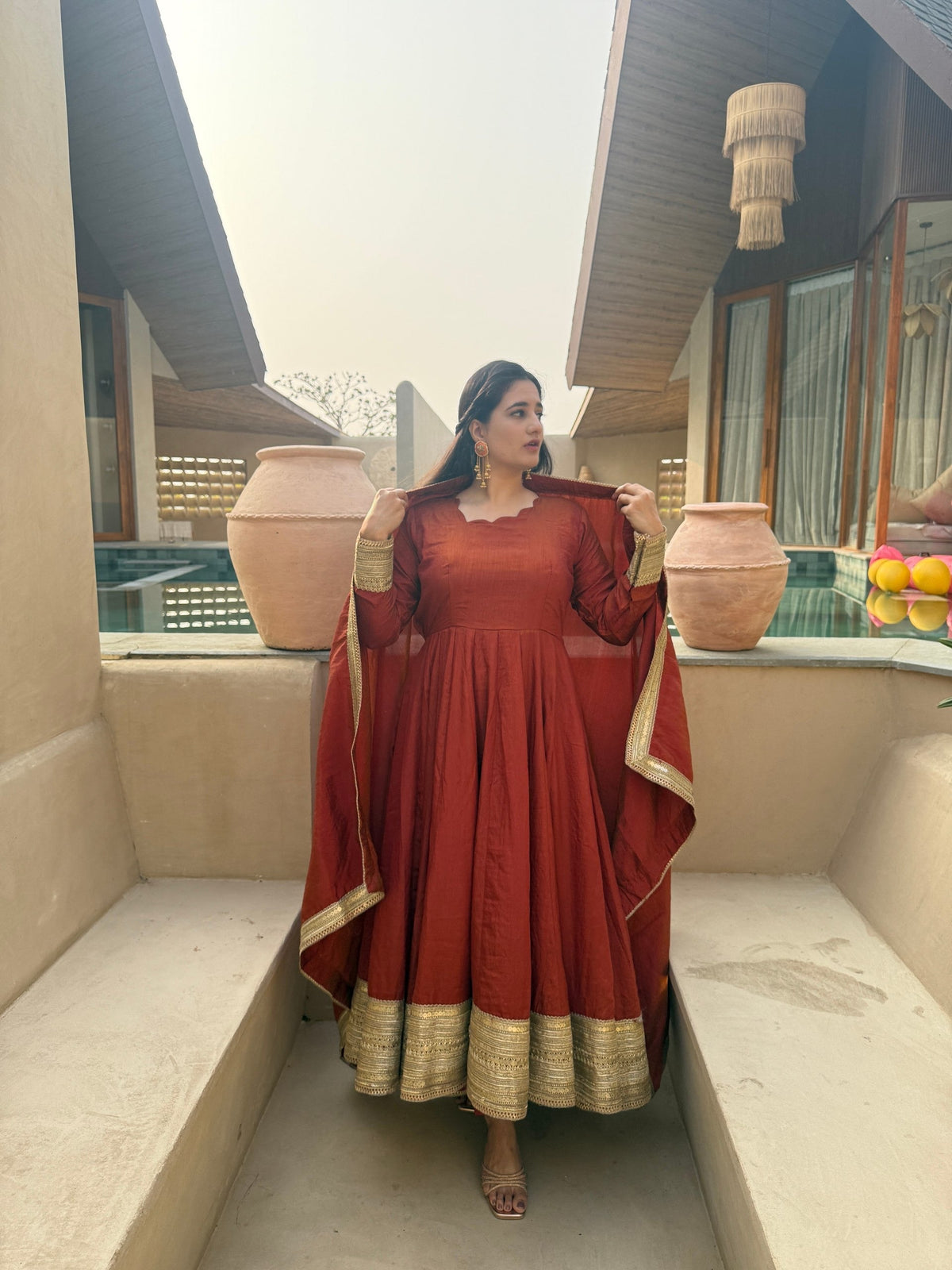 Rust Anarkali Suit with Gold Borders