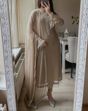 FANCY FAUX GEORGETTE REAL MOTI HAND WORK TOP AND PENT WITH DUPATTA