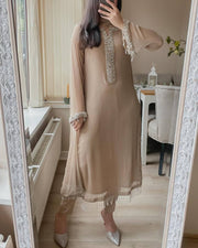 FANCY FAUX GEORGETTE REAL MOTI HAND WORK TOP AND PENT WITH DUPATTA