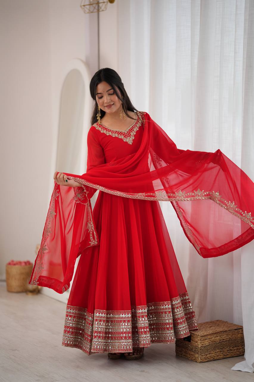 Crimson Royale Embroidered Anarkali Festive Ensemble