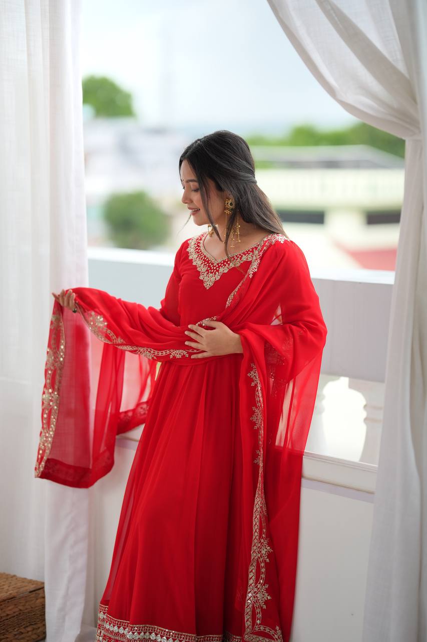 Crimson Royale Embroidered Anarkali Festive Ensemble