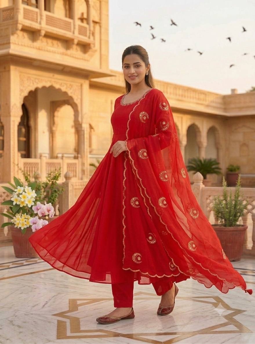 Radiant Red Elegance Embroidered Georgette Suit
