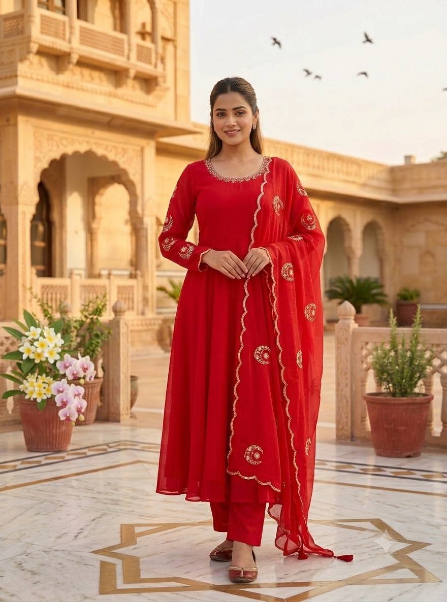 Radiant Red Elegance Embroidered Georgette Suit