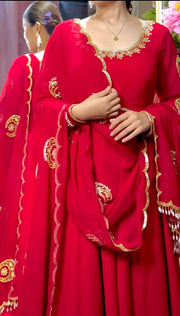 Radiant Red Elegance Embroidered Georgette Suit