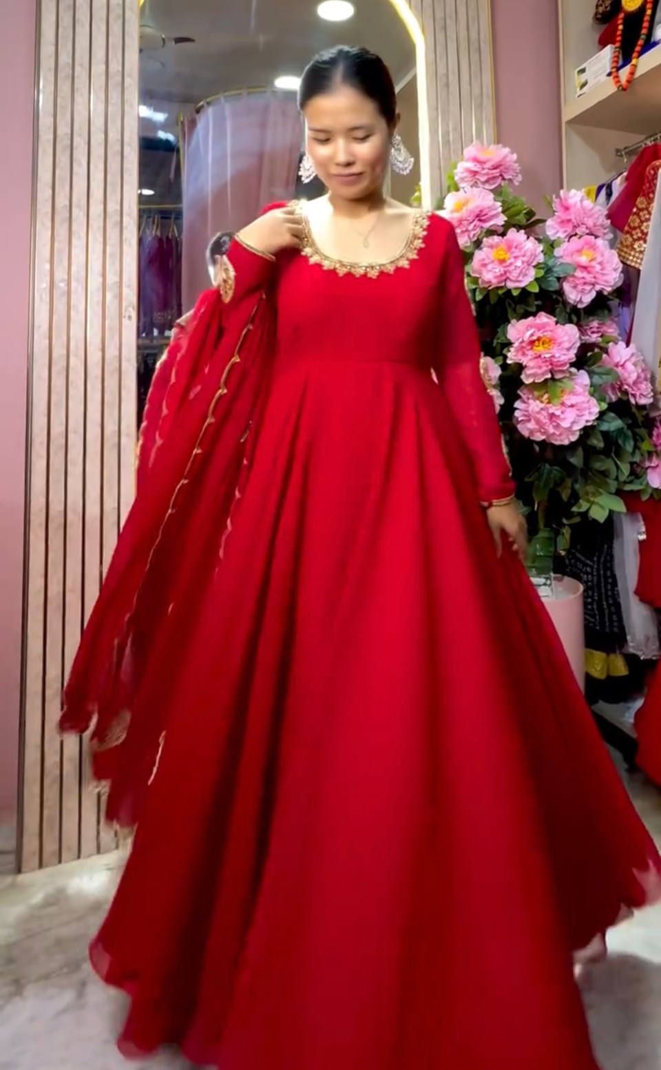 Radiant Red Elegance Embroidered Georgette Suit
