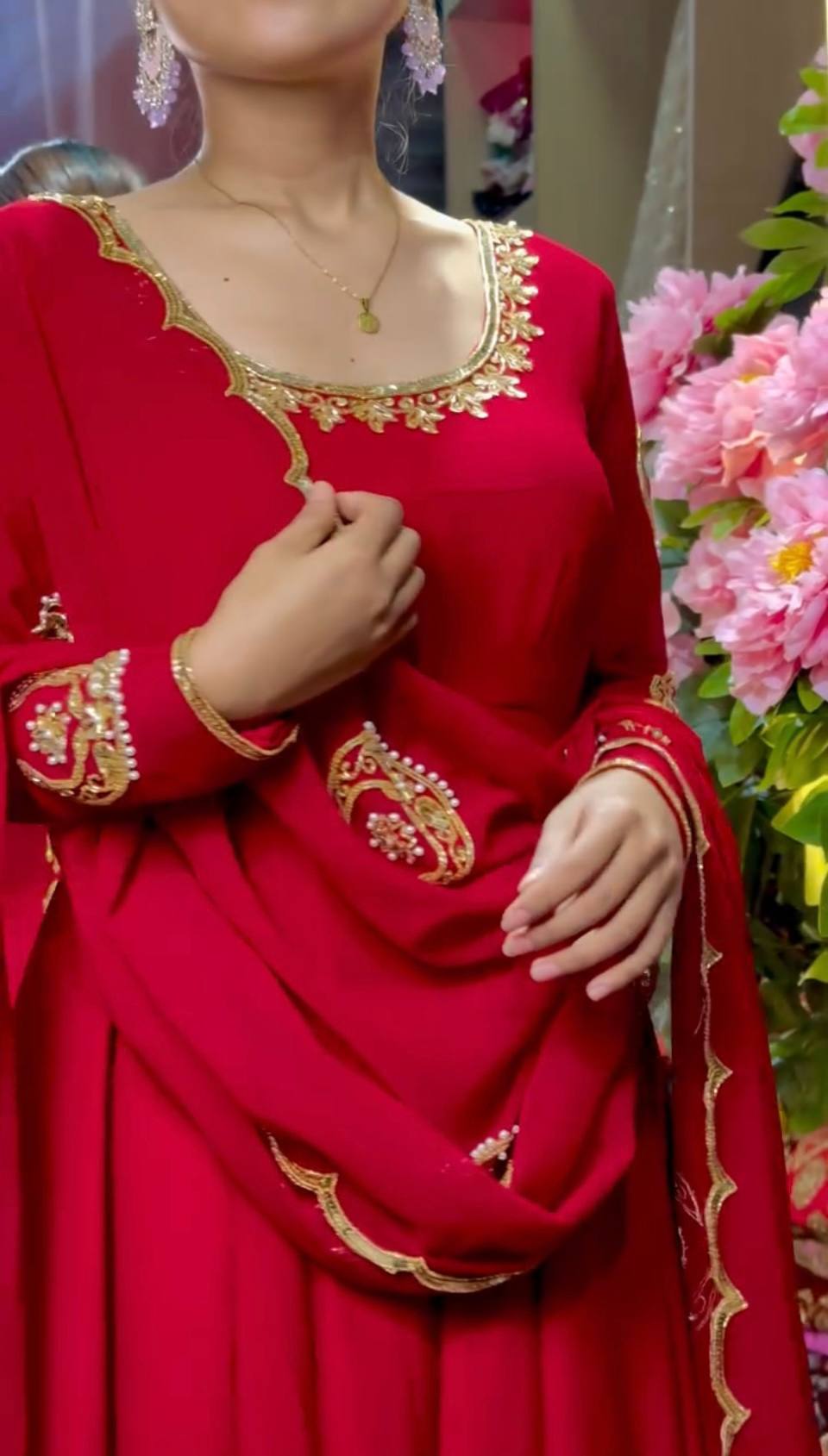 Radiant Red Elegance Embroidered Georgette Suit