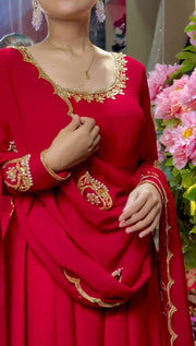 Radiant Red Elegance Embroidered Georgette Suit