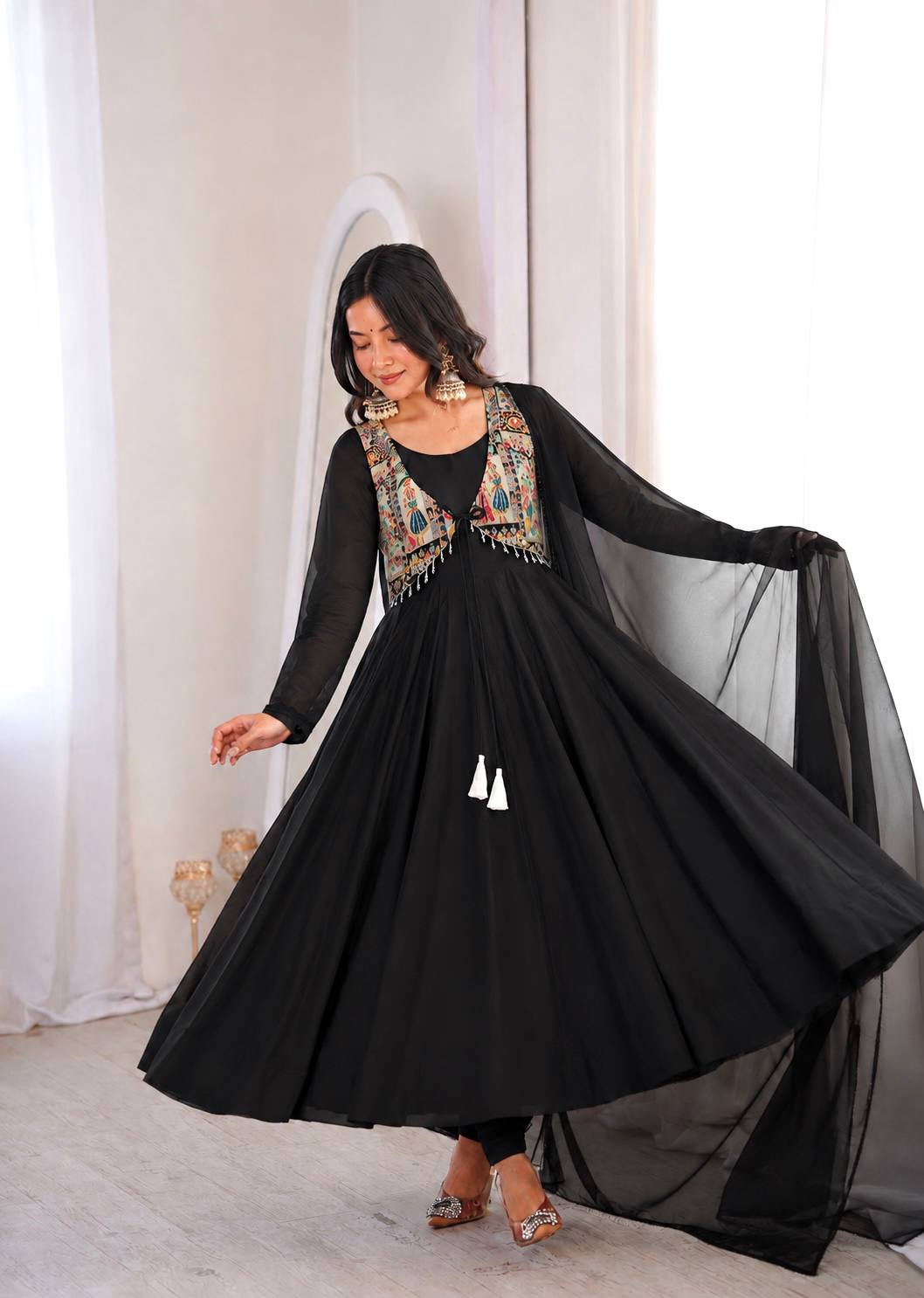 Midnight Elegance Embroidered Anarkali Delight