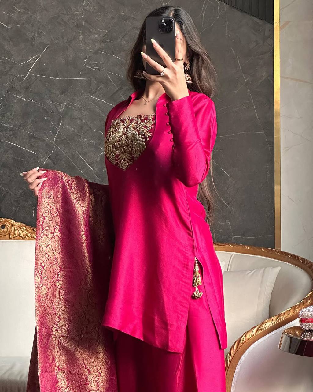 Classic Rani Pink Silk Festive Suit Set