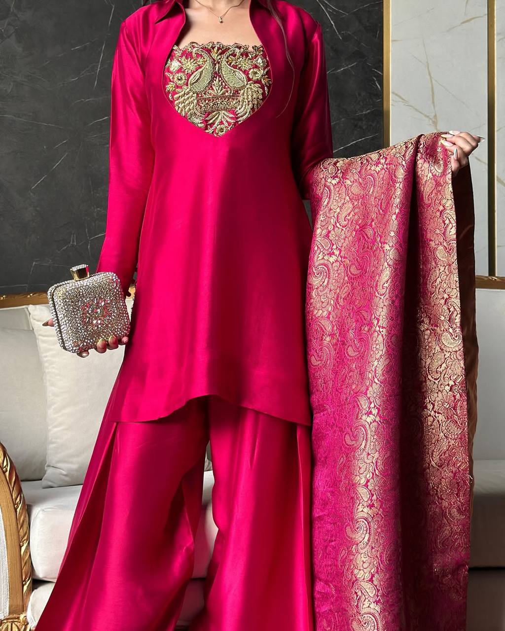 Classic Rani Pink Silk Festive Suit Set