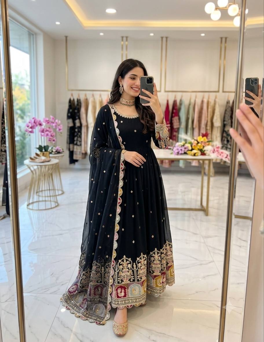 Elegant Noir Embroidered Anarkali Ensemble