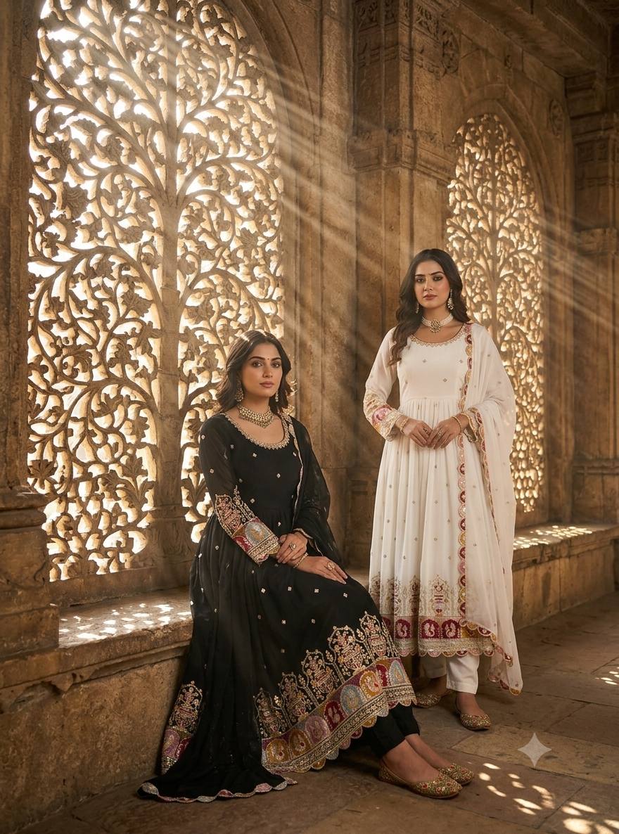 Elegant Noir Embroidered Anarkali Ensemble