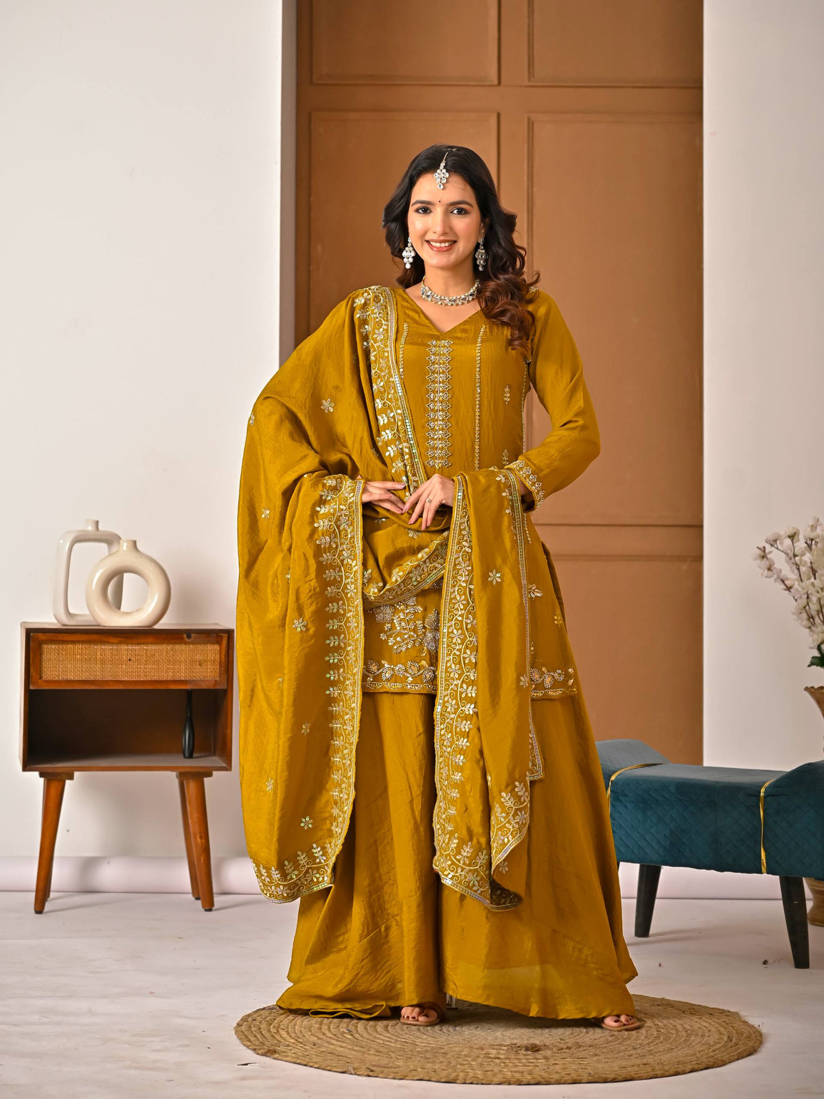 Stylish Mustard Suit Featuring Embroidered Details