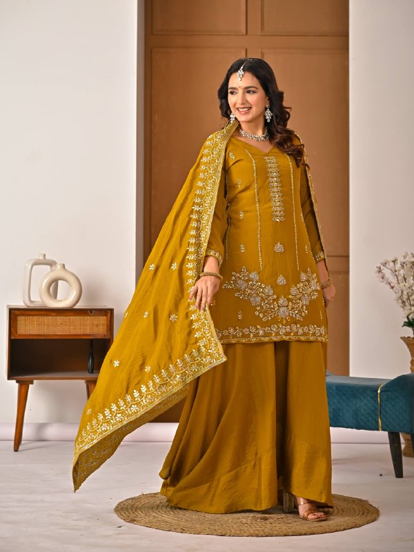 Stylish Mustard Suit Featuring Embroidered Details
