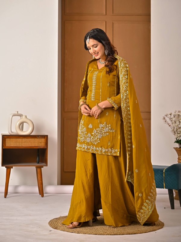 Stylish Mustard Suit Featuring Embroidered Details