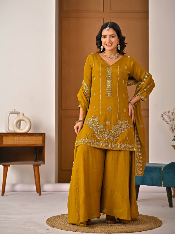 Stylish Mustard Suit Featuring Embroidered Details