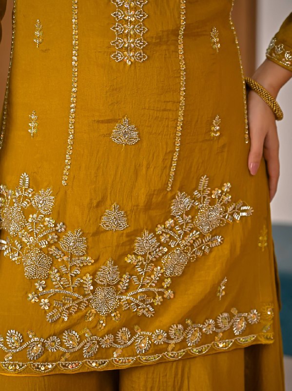 Stylish Mustard Suit Featuring Embroidered Details