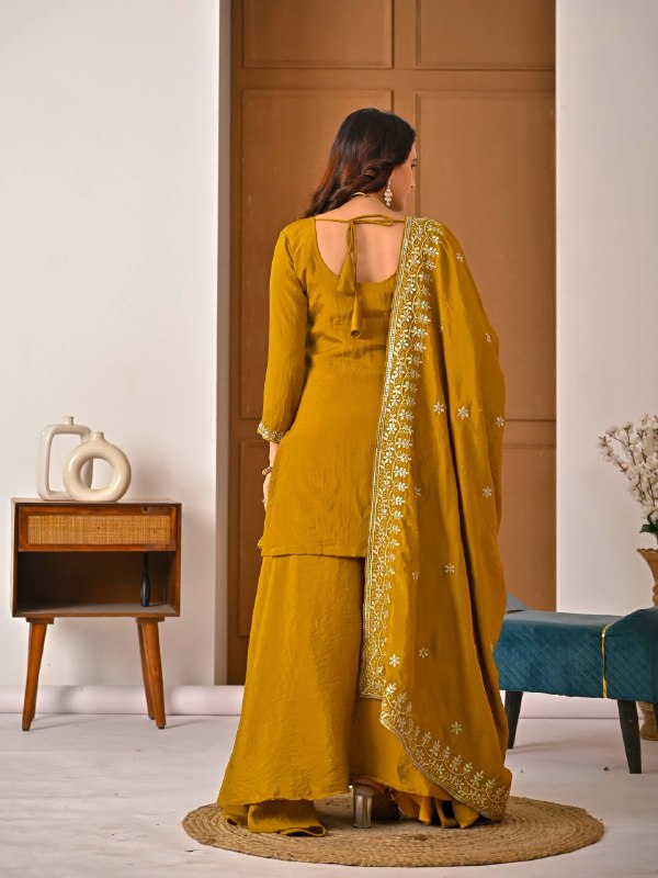 Stylish Mustard Suit Featuring Embroidered Details