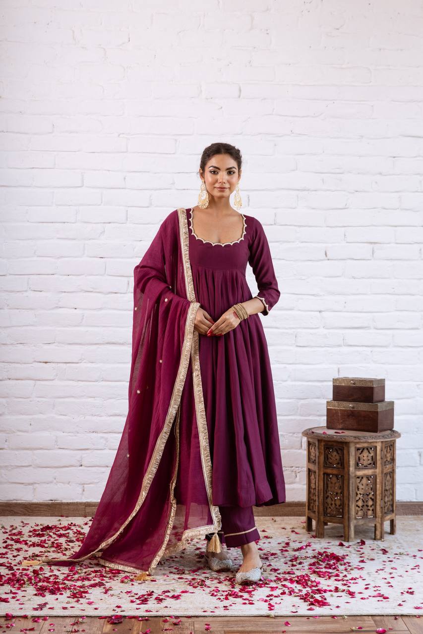 Elegant Wine Gota Patti Anarkali Suit Set