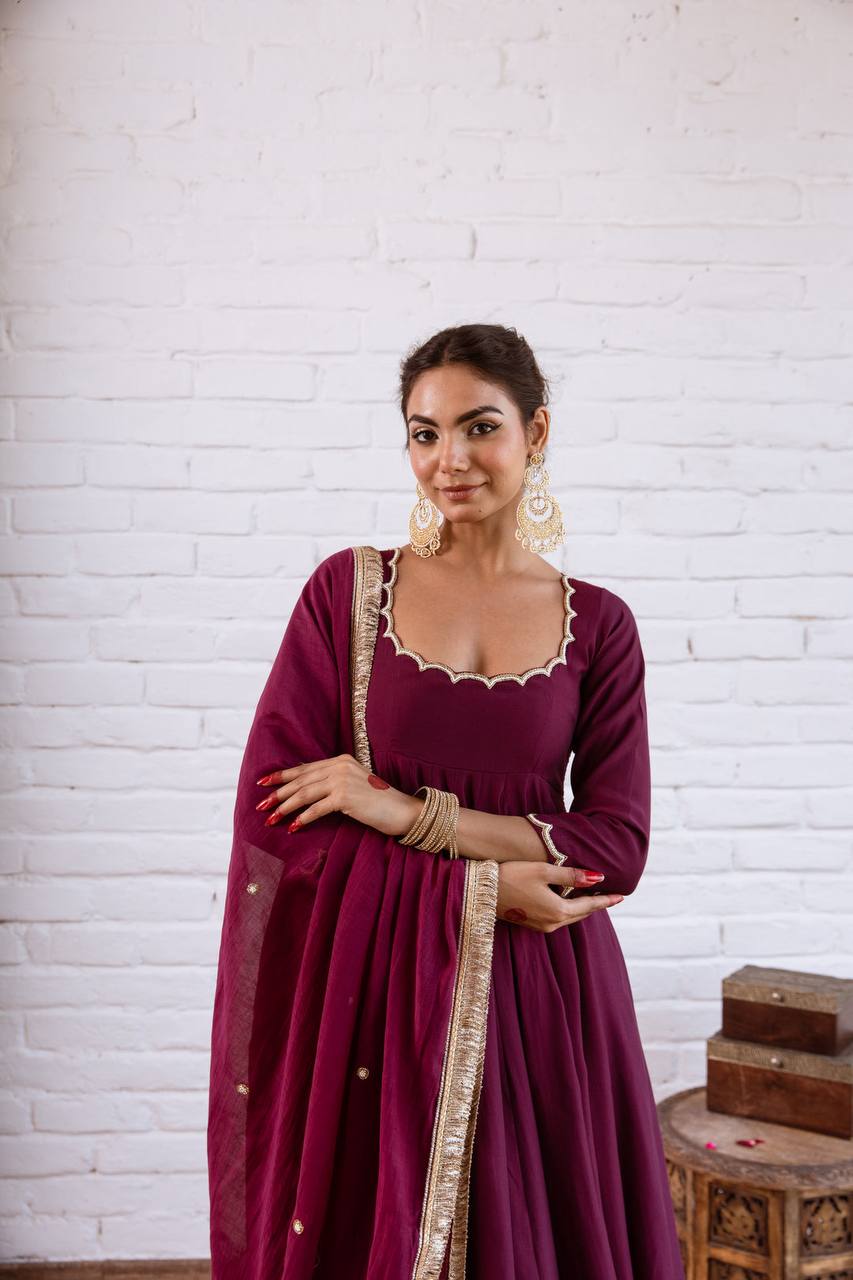 Elegant Wine Gota Patti Anarkali Suit Set