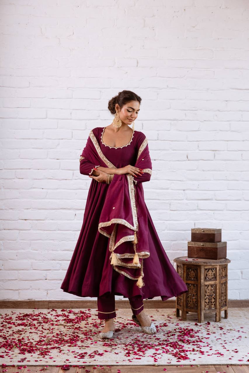 Elegant Wine Gota Patti Anarkali Suit Set