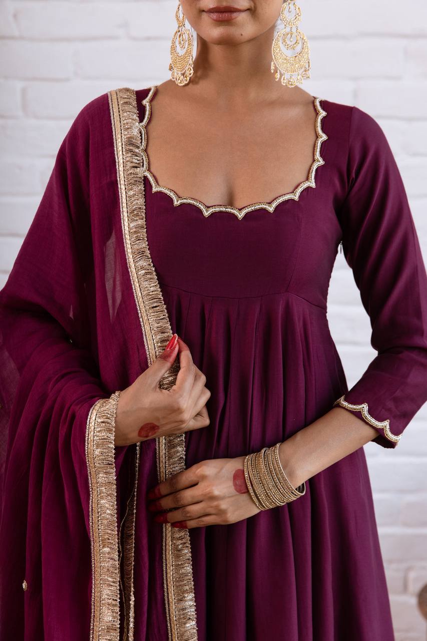 Elegant Wine Gota Patti Anarkali Suit Set
