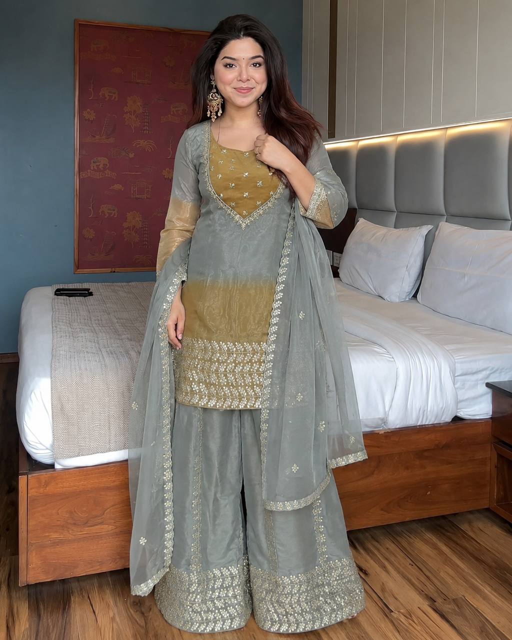 Luxe Grey Embroidered Net Suit Experience