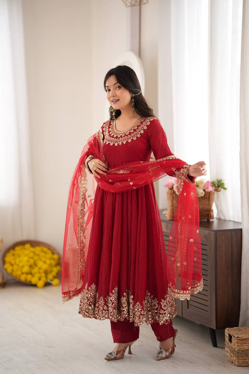 Regal Red Embroidered Anarkali for Celebrations