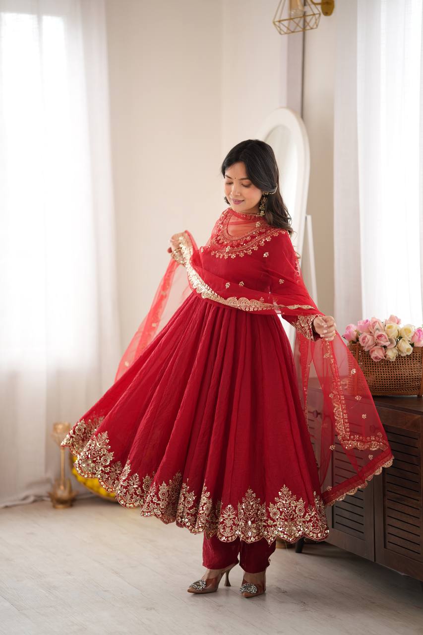 Regal Red Embroidered Anarkali for Celebrations