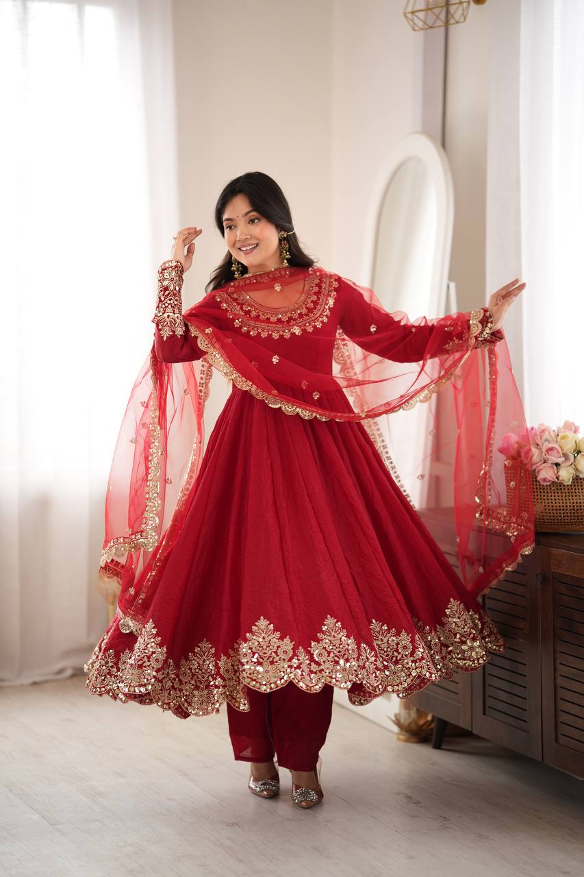 Regal Red Embroidered Anarkali for Celebrations