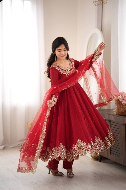 Regal Red Embroidered Anarkali for Celebrations