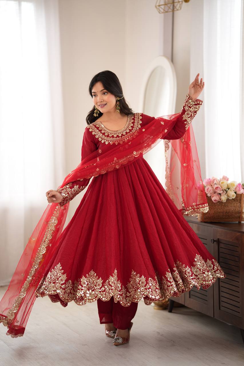 Regal Red Embroidered Anarkali for Celebrations