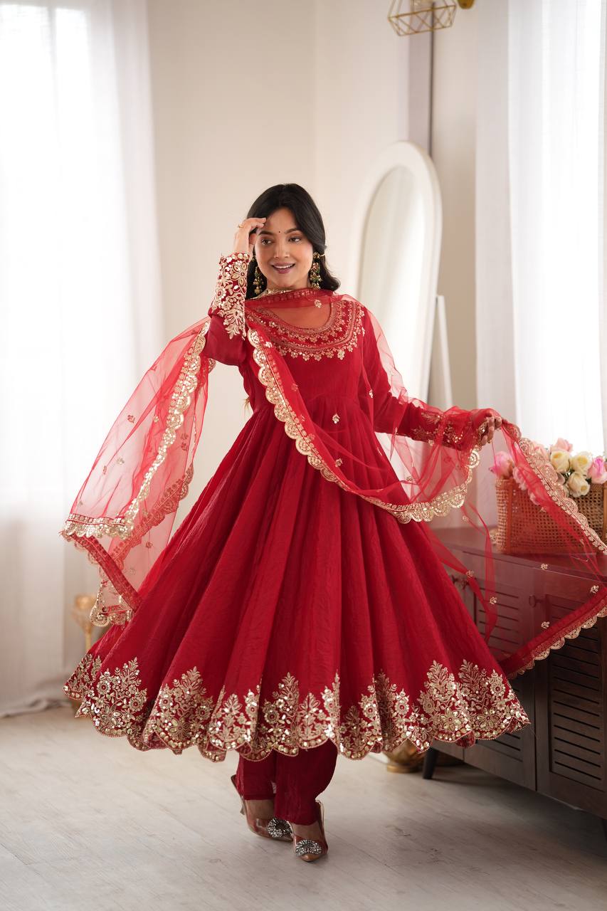 Regal Red Embroidered Anarkali for Celebrations