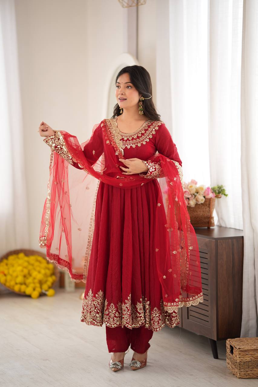 Regal Red Embroidered Anarkali for Celebrations