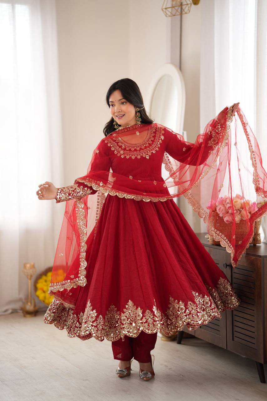 Regal Red Embroidered Anarkali for Celebrations