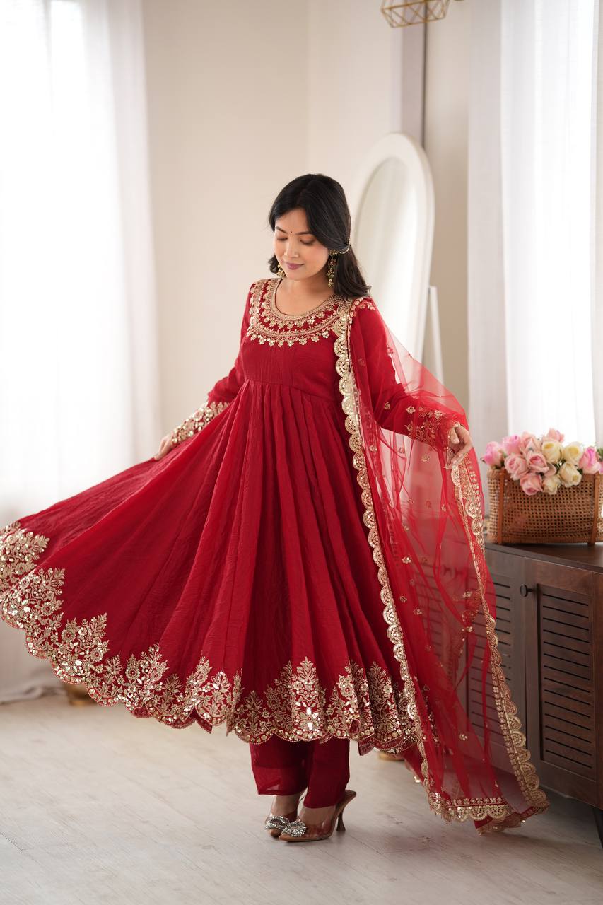 Regal Red Embroidered Anarkali for Celebrations
