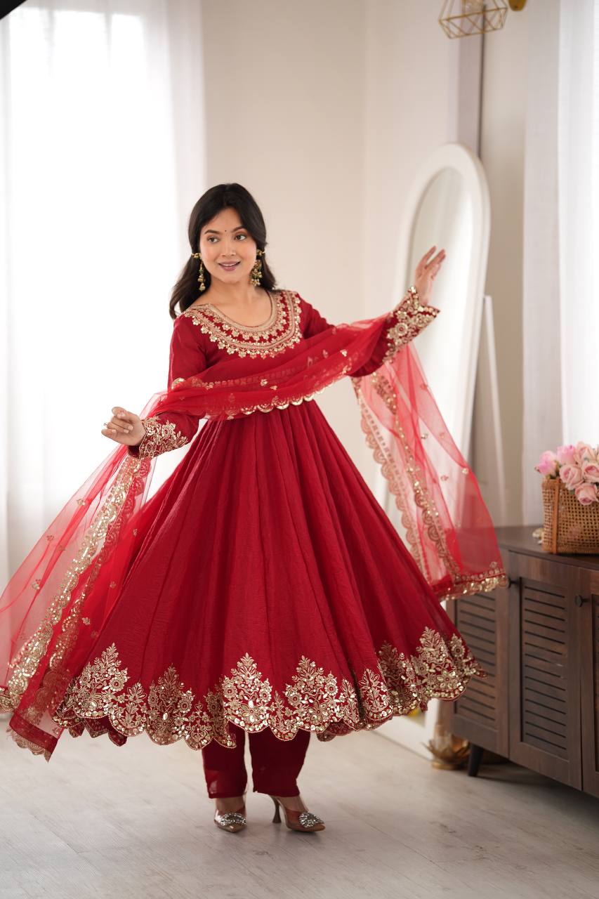 Regal Red Embroidered Anarkali for Celebrations