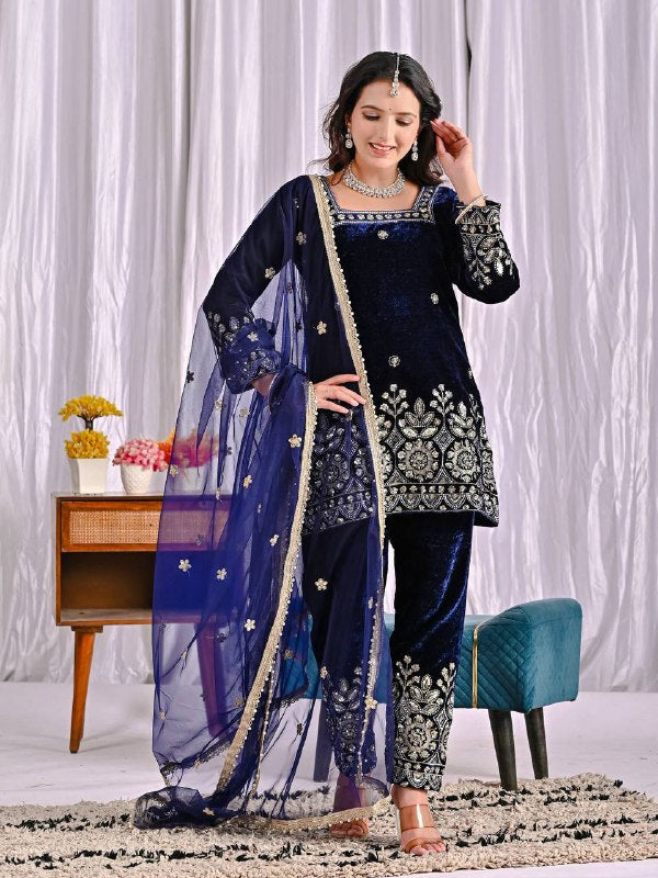 Premium Velvet Suit Adorned with Embroidery