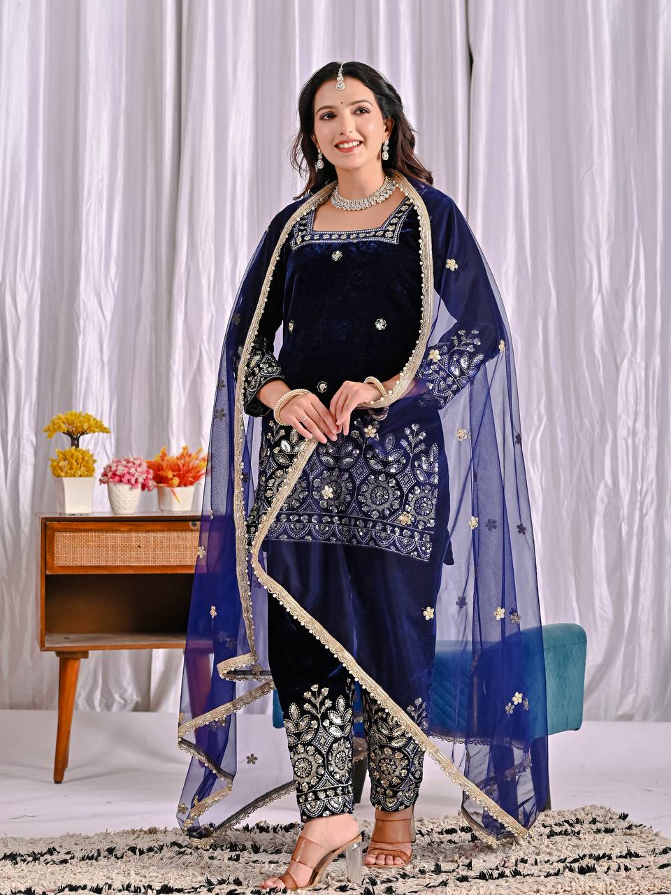 Premium Velvet Suit Adorned with Embroidery