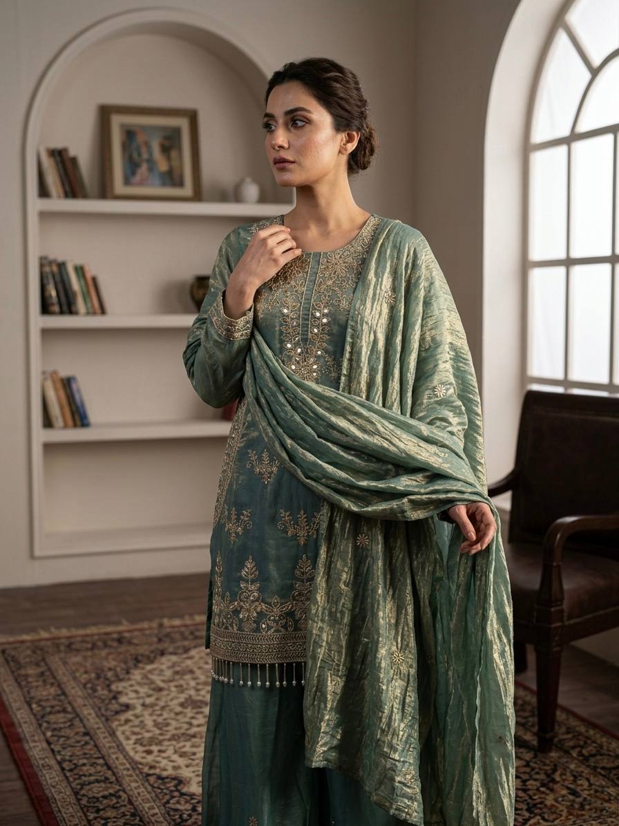 Emerald Elegance Embroidered Suit Collection