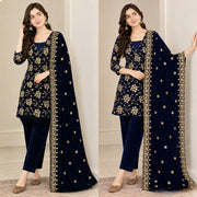 Elegant Navy Velvet Suit with Gold Embellishments