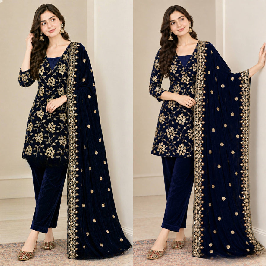 Elegant Navy Velvet Suit with Gold Embellishments