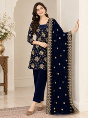 Elegant Navy Velvet Suit with Gold Embellishments