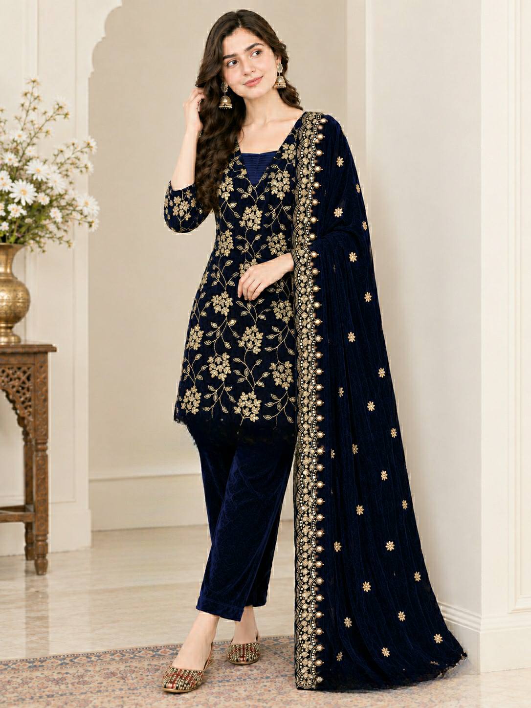 Elegant Navy Velvet Suit with Gold Embellishments