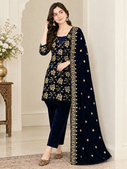 Elegant Navy Velvet Suit with Gold Embellishments