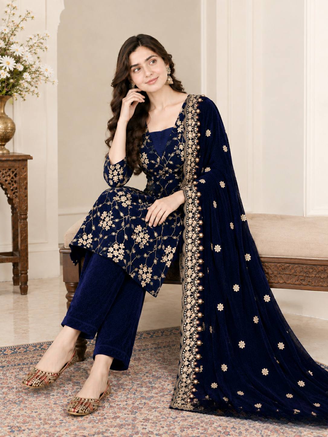 Elegant Navy Velvet Suit with Gold Embellishments